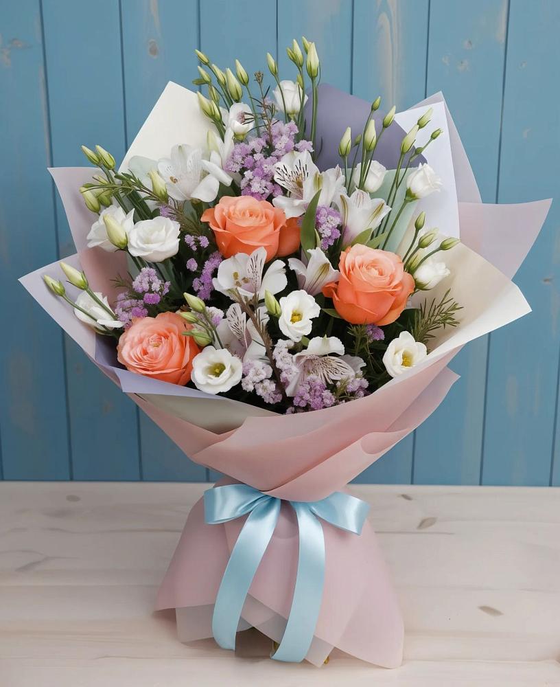 Букет цветов из: Лизиантусы, Розы, Альстромерии и Гипсофила в Тумботино