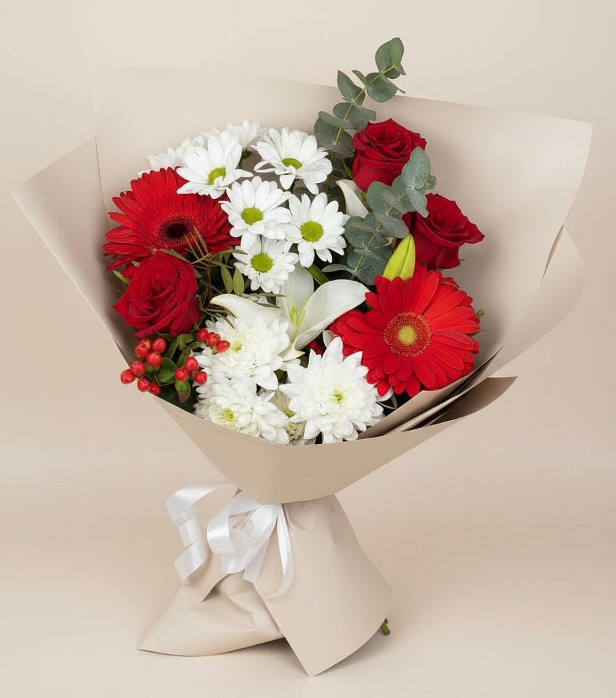 Букет поцелуй лета в Тумботино Букет цветов из: Розы, Хризантемы, Герберы и Лилии в Тумботино